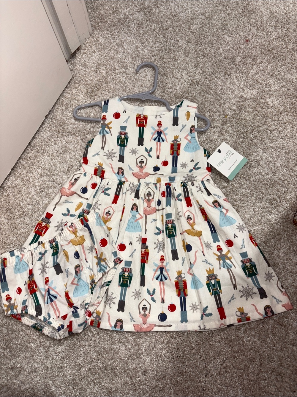 Girls Holiday Nutcracker Print White Dress with Bloomers